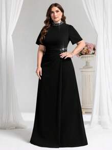 Coutiva Plus Size Formal Cocktail Dress, Solid Color Short Sleeves, Fashionable For Summer, Party Dress, Gown, For Evening, Wedding Guest - Black - View 4