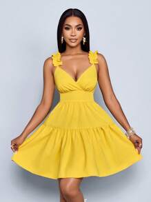 SOLERSUN 女士春夏时尚纯色宽松休闲后背镂空宽松短裙、度假、音乐节、返校、浪漫、派对装 - 黃色 - 查看 6