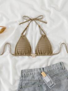 Swim Vcay Women's Springbreak Casual Vacation Beach Elegant Party Halter Neck Special Fabric Solid Color Swimwear Bikini Top For Summer - Coffee Brown - View 3