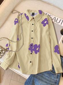 SHEIN LUNE Chemisier à fleurs et rayures mode femme, col boutonné, manches longues - Parme - Voir 1