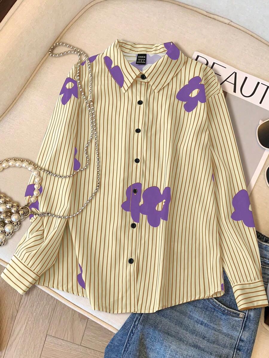 SHEIN LUNE Chemisier à fleurs et rayures mode femme, col boutonné, manches longues - Parme - Voir 1