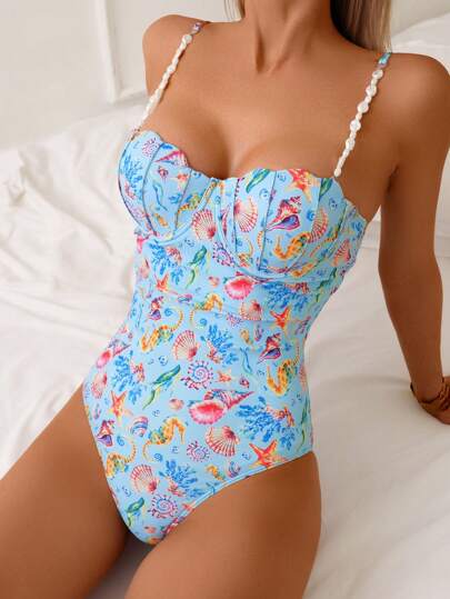 SHEIN Random Ocean Print bygel Push Up Samla smal rem Högskuren baddräkt i ett stycke för sommarstrandsemester