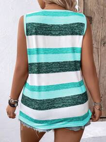 Linhara CURVE Plus Size Women Striped Print Round Neck Sleeveless Loose Knit Tank Top Graphic Tees Women Tops - Baby Blue - View 2