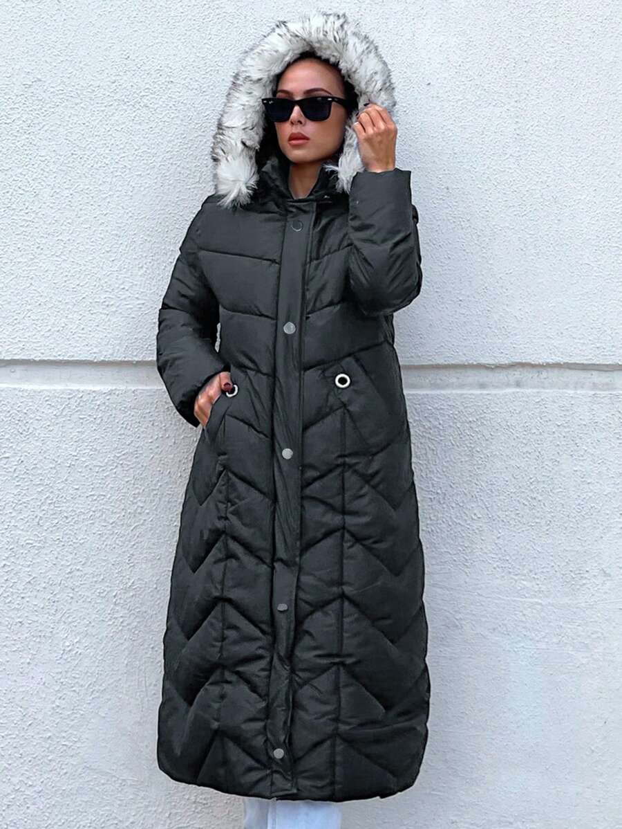 EURMUSE Zip Up Hooded Puffer Coat - Black - View 1