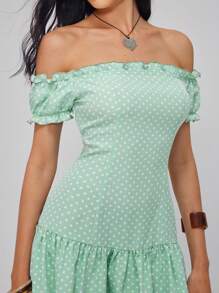 Rafferiza Women's Polka Dot Print Ruffle Edge Off Shoulder Mini Dress - Green - View 5