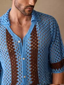 Manfinity VCAY Men's Casual Hollow Out Loose 3/4 Sleeve Cardigan, Faux Cashmere, For Fall Winter - Multicolor - View 2
