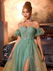 Glamrae Elegant Sage Green Off-Shoulder Lantern Sleeve Lace Waist Sheer Ruffle A-Line Maxi Dress With Side High Slit & Adjustable Strap, Suitable For Date, Vacation, Singles Party, Wedding, School Formal, Formal Evening Gown, For Wedding Guest