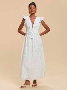 Travachic Váy dài cổ chữ V thêu lỗ màu trơn mùa hè dành cho nữ có mũ trùm đầu, váy trắng, quần áo mùa hè, trang phục đi biển dành cho nữ - trắng - Xem 6