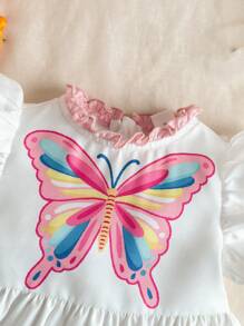 SHEIN Babygirl Summer Cute Butterfly & Floral Print Flutter Sleeves Dress - Purple - View 3