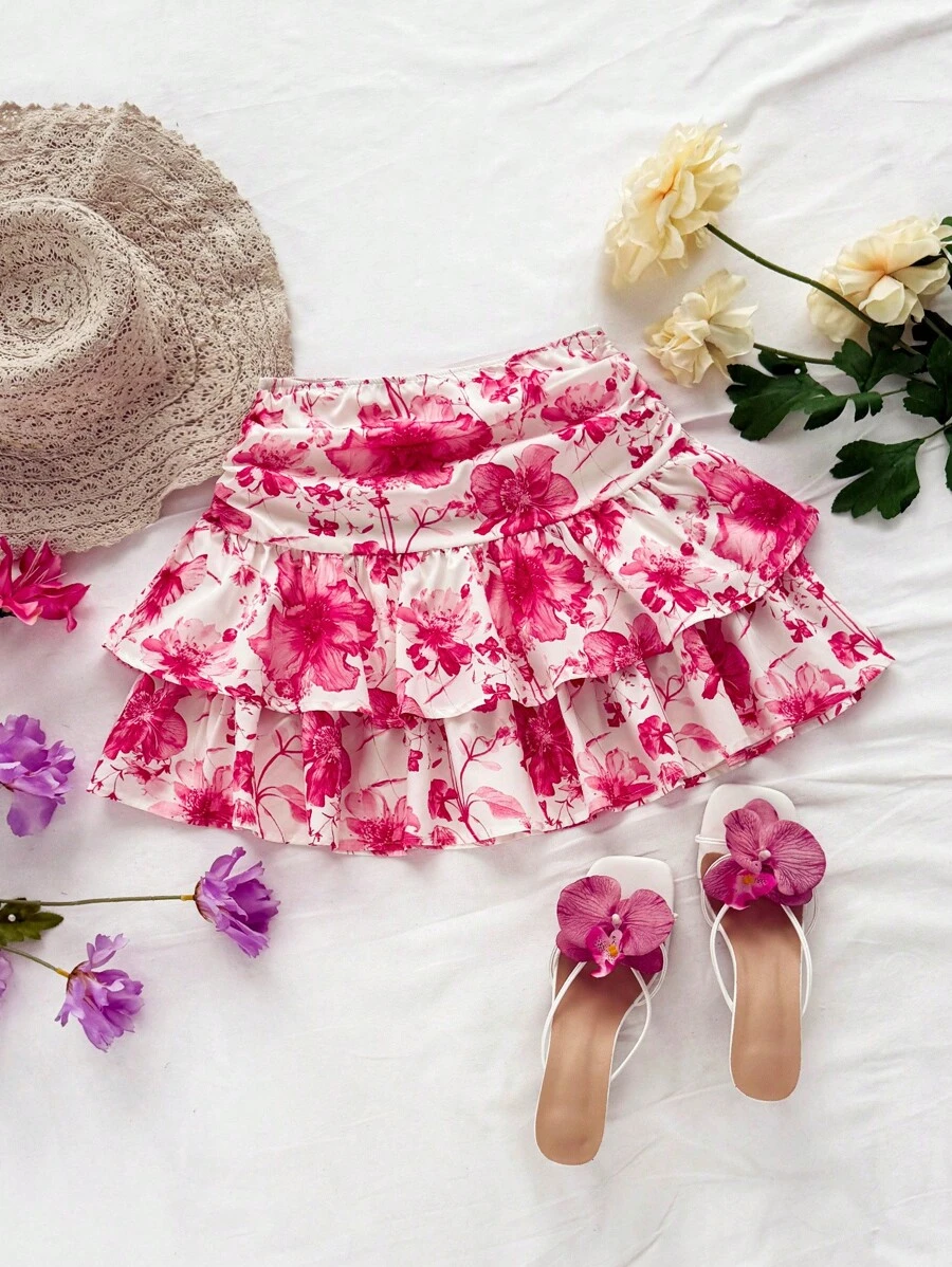 Soleia Váy mini xếp tầng in hoa lãng mạn cho nữ đi nghỉ mát có họa tiết hoa màu xanh nước biển - Nhiều màu - Xem 1