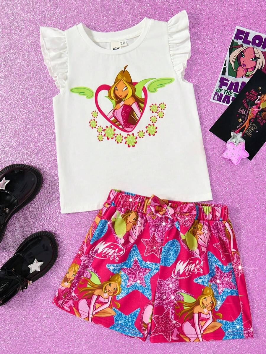 The Winx X SHEIN Young Girl Summer 2pcs Outfit Cartoon Girl Glitter Star Cap Sleeve Top & Heart Full Print Pink Bow Shorts
