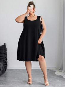 SHEIN CURVE+ 加大码高弹力收腹裙，二合一纯色连衣裙，双层衬里，收腹提臀裙，曲线加大，波西米亚风女士度假海滩装/沙滩裙/海滩度假装/海滩必备品/毕业/茶会礼服