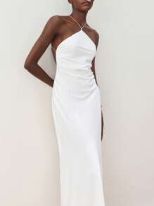Maija 新款弹力交叉扭结露背无袖连衣裙，女士款，优雅别致，适合派对、春夏穿着 - 白色 - 查看 5