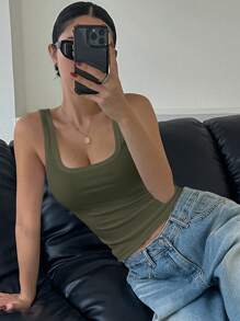 DAZY Camiseta de tirantes ajustada de unicolor con cuello redondo, casual y versátil para mujer