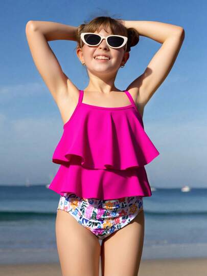 SHEIN Tween Girls Summer Fashionable Camisole Bikini Set Bathing Suits For Girls Young Girls Bikini Sets Bathing Suits For Kids Young Girls Clothing Bathing Suits Set Bathing Suits For Teens Top Bathing Suits For Girls One Price