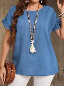 EMERY ROSE Plus Size Women's Summer Holiday Round Neck Ruffle Trim Short Sleeve Blue Blouse Shirt With Pleated Decor,Gifts For Mother,Summer Holiday,Vacation Outfits Women,Simple And Fashionable For Everyday Wear,Vacay Vibes,Springbreak,Casual Wear SS - Blue - View 4
