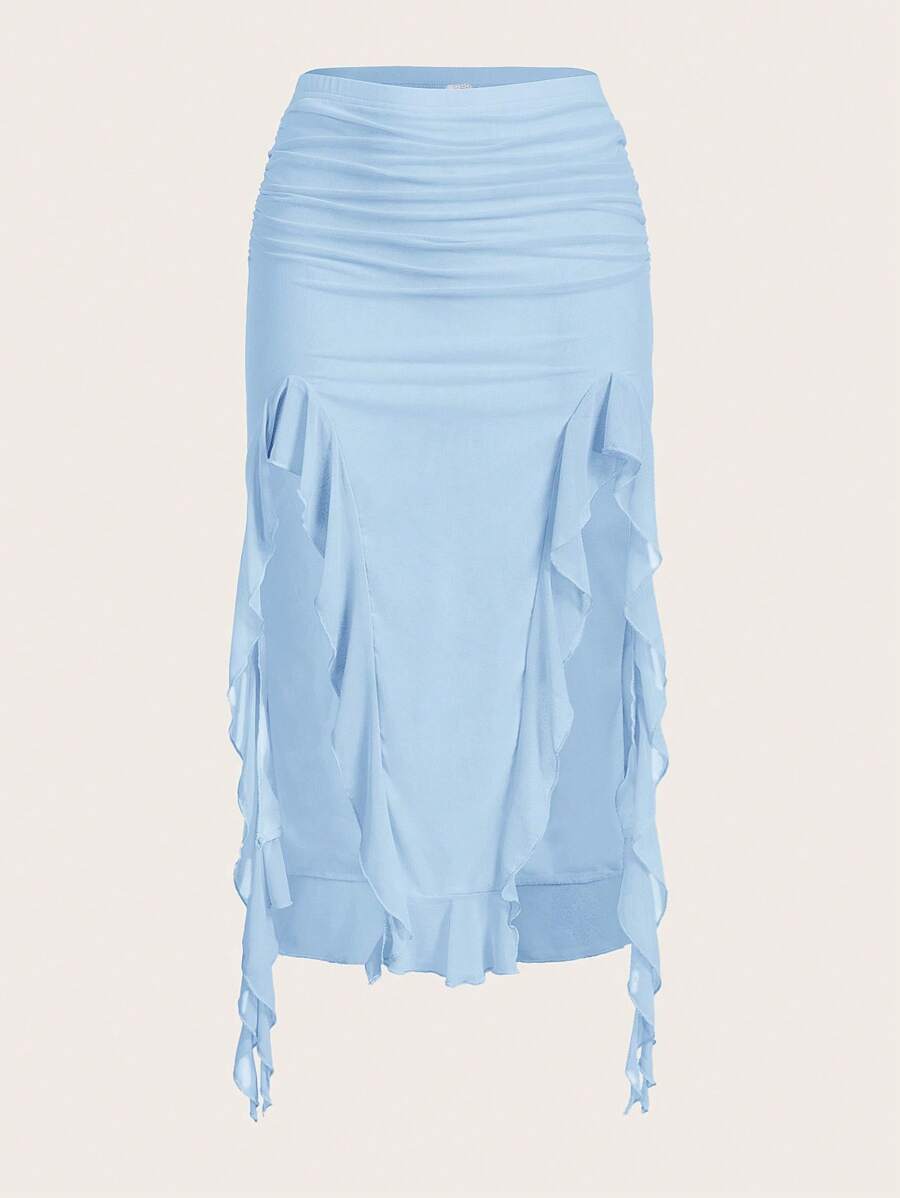 Sweetina Elegant Solid Color Ruffle Hem Split Hem Skirt, Summer | SHEIN USA