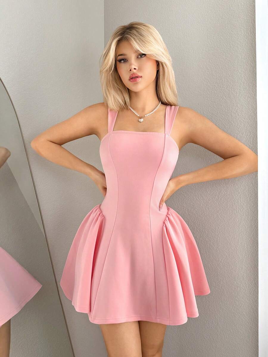 Sweetina Fitted Mini Dress With Sculptural Flared Hem - Baby Pink - View 1