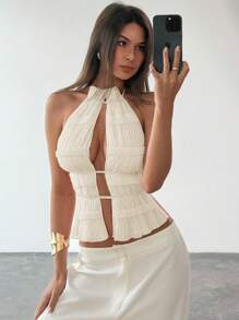 Aloruh New Sexy Open Back Lace-Up Design Sweet Ruffled Jacquard Sexy Slit Pink Halter Halterneck Top - Apricot - View 6