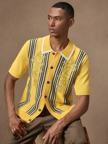 AKNOTIC Men's Knitted Yellow And Golden Floral Applique Casual Slim Fit Short Sleeve Knitted Shirt, Suitable For Summer, Vacation, Daily Wear, Party, Couple Matching, Gift For Men, Father's Day
