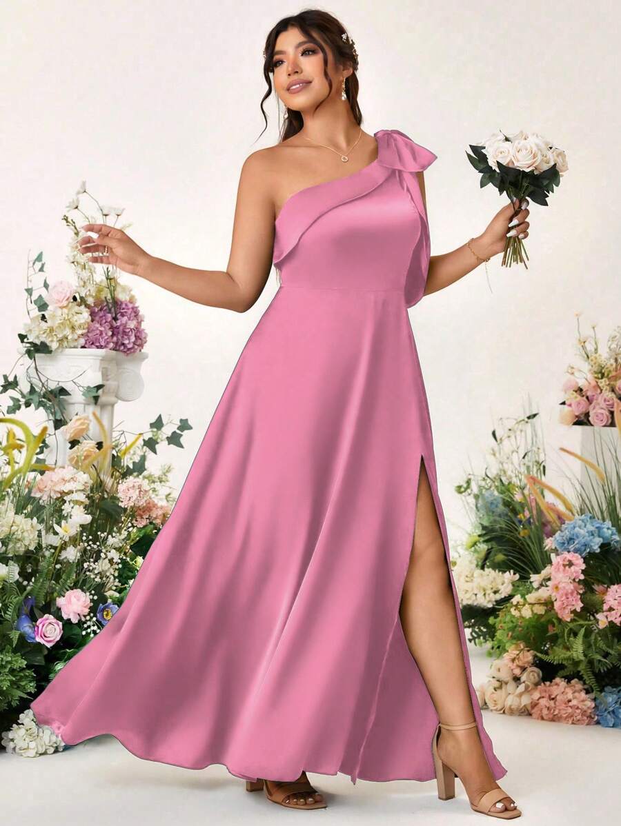 Cravure 加大码缎面吊带 A 字形连衣裙，带蝴蝶结，无袖，开衩，适合派对和活动 - 粉色 - 查看 1
