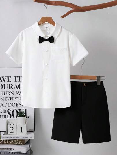 2 Stücke/Set Tween-Jungen Lässiger Schule Hemd mit Kragen und Kurzarm, locker geschnitten, einfarbig mit Fliege & gewebte Shorts, 2 Teile Gentleman Outfit Set