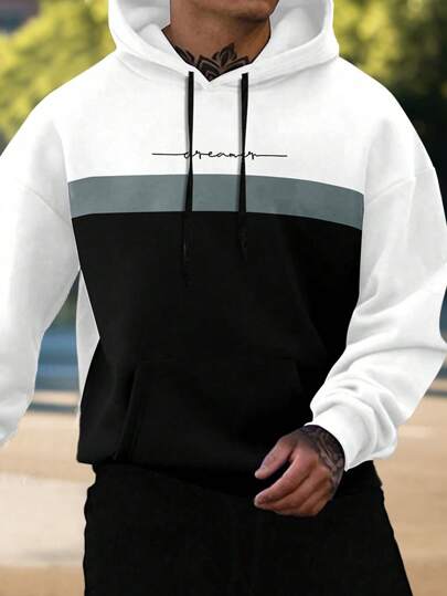 Manfinity Homme Men Color Block Pocket Drawstring Hoodie, For Fall, Long Sleeve Top