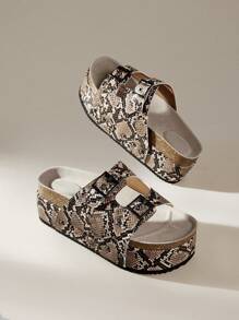 Solecia Women's Fashion Snake Skin Print Adjustable Buckle Thick Sole Slippers - Champagne - View 6