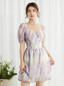 SHEIN LUNE Purple Tie-Dye Backless Dress, Women's Summer New Sweet Flared Mini Dress - Multicolor - View 1