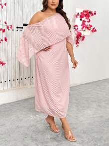 SHEIN Privé Damen Große Größen elegantes Chiffon Jacquard Party MIDI Kleid Französischer Urlaub - Pink - Übersicht 6