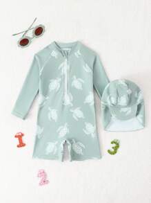 SHEIN Baby Boys Turtle Print Raglan Long Sleeve One-Piece Swimsuit With Sun Hat, Baby Boy Beach Clothes