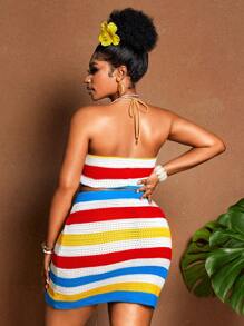 Maweii Plus Size Women Color Block Striped Sexy Lace-Up Two Pieces Swimsuit