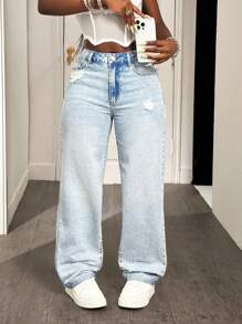 Slaydiva Women's Ripped Pocket Casual Fashion Straight Leg Jeans - Blue - View 3