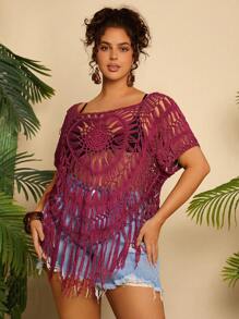 Travachic Plus Size Women Hollow Out Solid Color Short Sleeve Knit Blouse, Suitable For Vacation