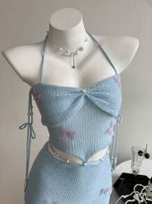 Elamini Women's Butterfly Applique Blue Hollow Neck Sleeveless Sweater Dress