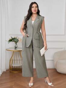 Modelyn Plus Size 2pcs Set Solid Color Sleeveless Vest And Pants, Fashionable For Summer - Army Green - View 7