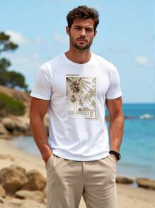 Manfinity RSRT Fashionable Casual Mature Vacation Palm Tree Silhouette Photo Letter Combo Print Slim Fit Crew Neck White Short Sleeve T-Shirt And Khaki Shorts 2 Pieces Set, Suitable For Summer Outdoor Vacation, Dating, Party, Couple Matching, Great Gift For Boyfriend - Multicolor - View 1