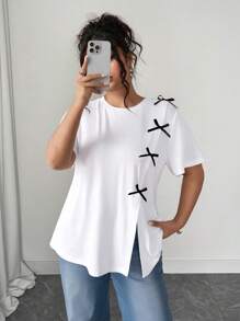 Calvaya Elegant & Casual Bow Decor White Open Side Round Neck Short Sleeve Plus Size T-Shirt, Summer
