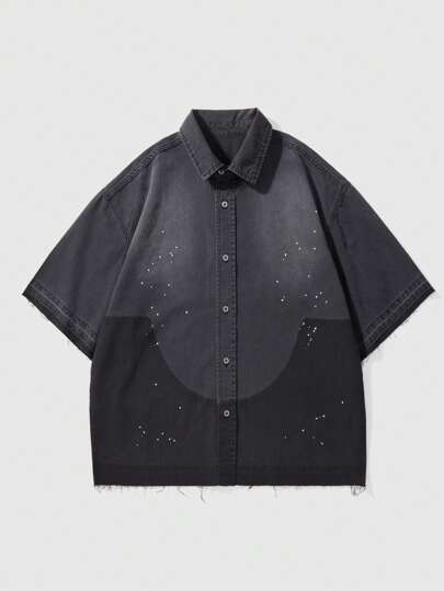 Grunge Punk قميص جينز فضفاض بأزرار وألوان متباينة بطراز كاجوال جرانج للرجال