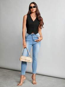 SHEIN Tall Chaleco sin cuello de color caqui sólido con escote en V y botones delanteros, chaleco de vestir, ropa de trabajo, casual de negocios para mujer en otoño/invierno - Negro - Ver 4