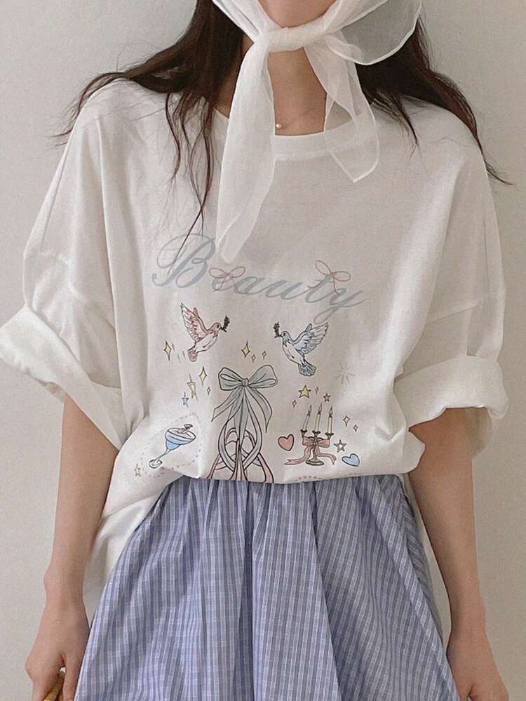 Women Casual Round Neck Loose Short Sleeve Cute Printed T-Shirt, Summer Graphic Tee
