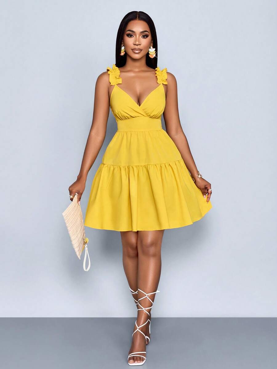 SOLERSUN 女士春夏时尚纯色宽松休闲后背镂空宽松短裙、度假、音乐节、返校、浪漫、派对装 - 黃色 - 查看 1