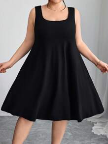 SHEIN CURVE+ 加大码高弹力收腹裙，二合一纯色连衣裙，双层衬里，收腹提臀裙，曲线加大，波西米亚风女士度假海滩装/沙滩裙/海滩度假装/海滩必备品/毕业/茶会礼服