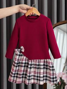 Sparklyn Young Girl Casual Plaid Patchwork Bow Decor Daily Wear Dress Fall Winter