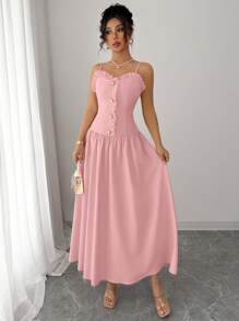 Elenzga Abito elegante e casual da indossare tutti i giorni, in stile europeo e americano, con spalline a spaghetti e balza sul fondo, arricciature in vita e decorazione in metallo, adatto per uscite, appuntamenti, vacanze, pendolarismo e altre occasioni, ideale per la fotografia