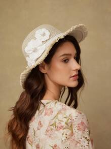 MOTF PREMIUM 3D FLORAL RAW TRIM BEIGE STRAW HAT