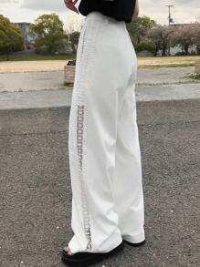 FRIFUL 女士撞色蕾丝长裤，夏季商务休闲装 - 白色 - 查看 5