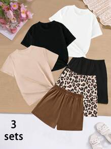 Sparklyn Bộ 3 món dành cho bé gái tuổi teen, kiểu dáng thường ngày, in hình họa tiết da báo ghép chữ, áo thun ngắn tay và quần short, thích hợp đi học, đại học, nghỉ hè. - Nhiều màu - Xem 2