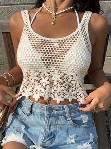 Sunnyshic Open Knit Casual Versatile Sexy Square Neck Sleeveless Top