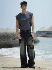 DAZY Jeans rectos de pierna ancha desgastados y lavados en negro con bolsillos ladeados para hombre, para la temporada de primavera
